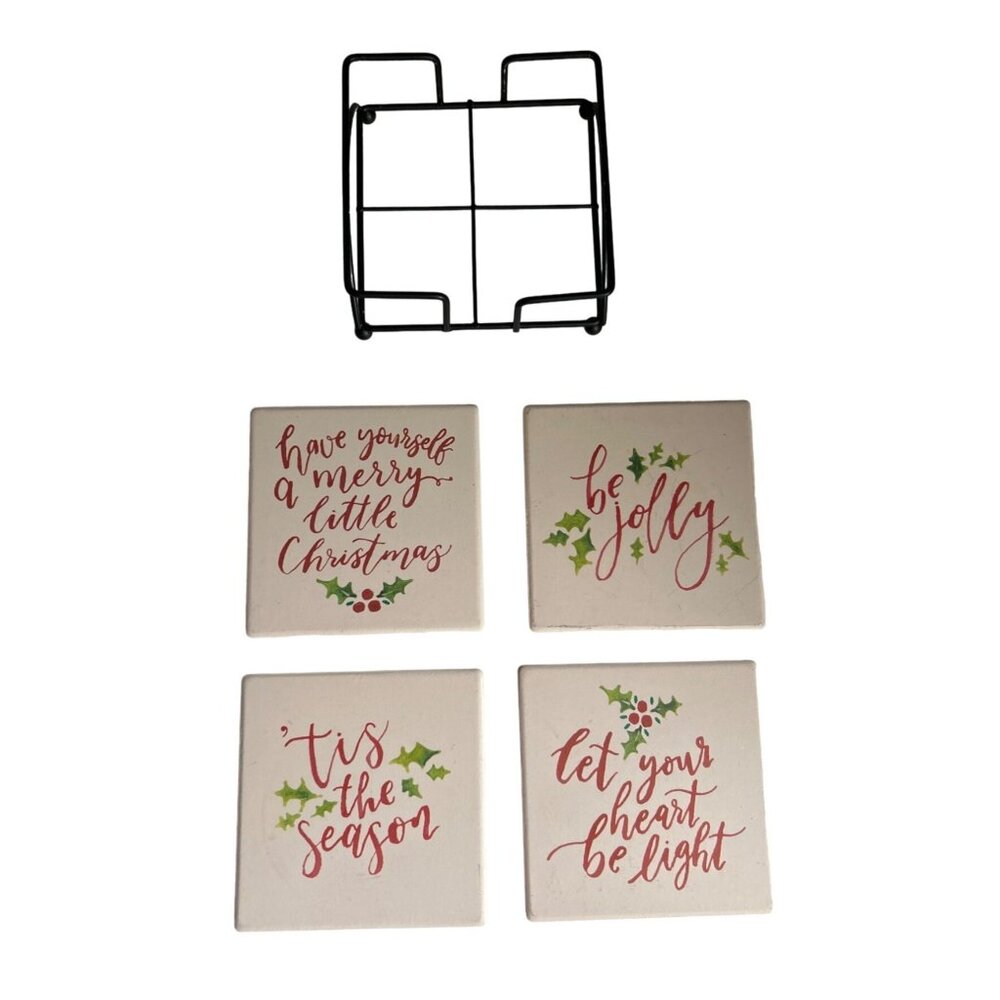 Christmas Holiday Ceramic Coaster Set With Festive Quotes & Holder